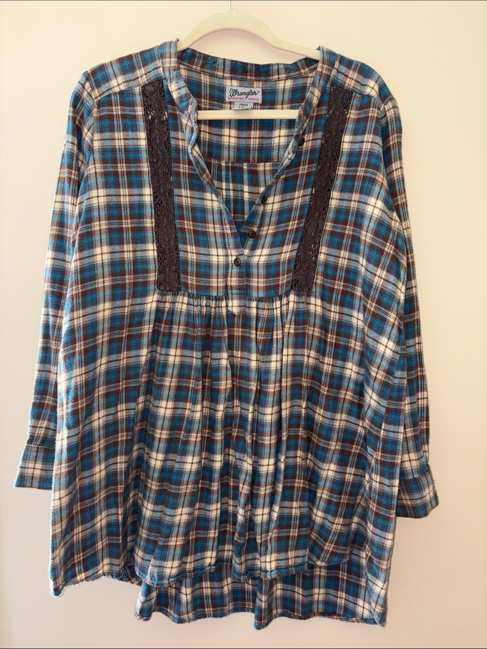 Wrangler Brown, Blue & Cream Plaid Button-Front Women's Tunic with Crochet Trim
